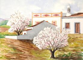 Casas típicas e amendoeiras